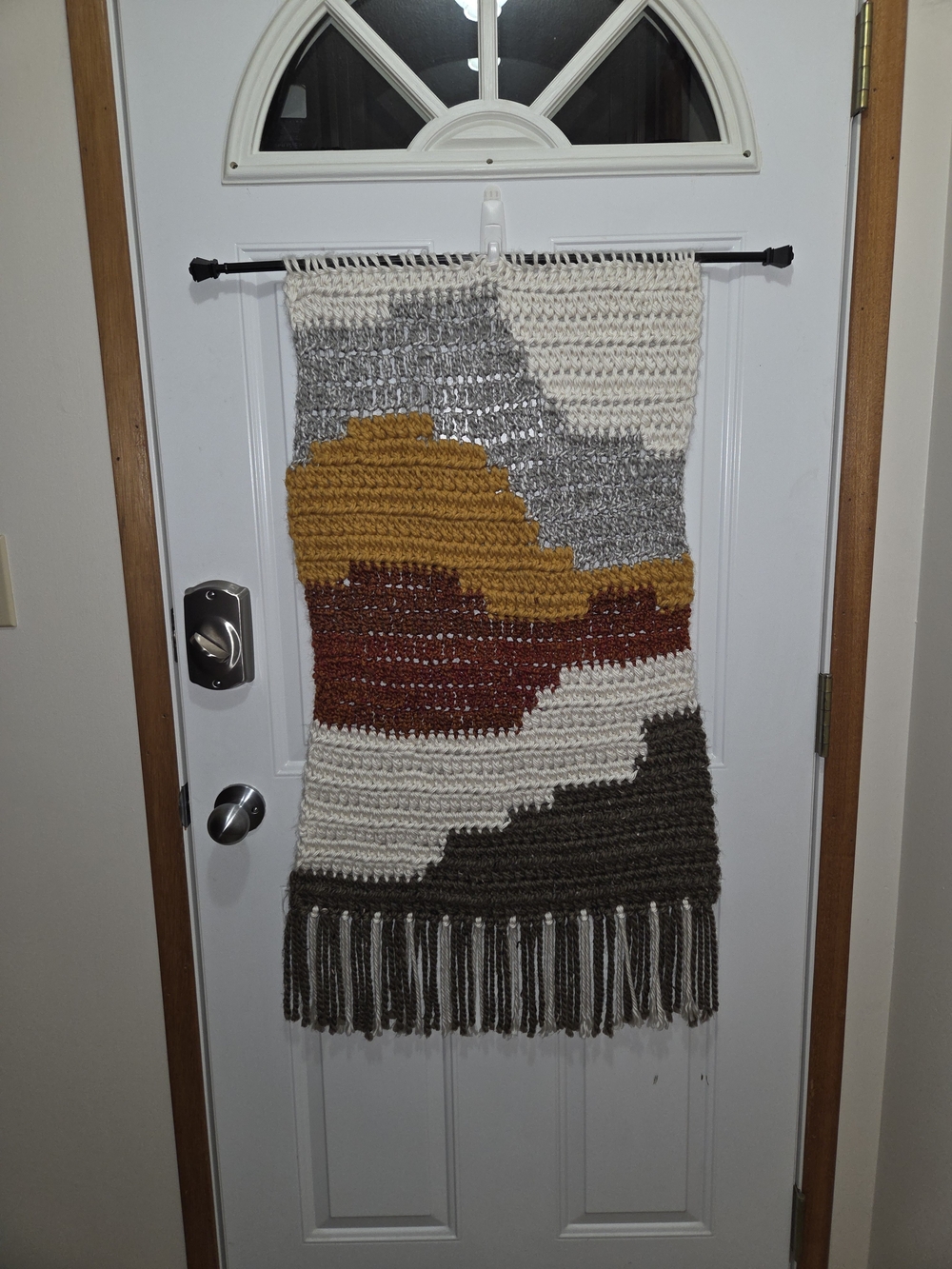 Handmade Chunky Crochet Wall Hanging in Cream, Gray, Mustard, Rust & Brown